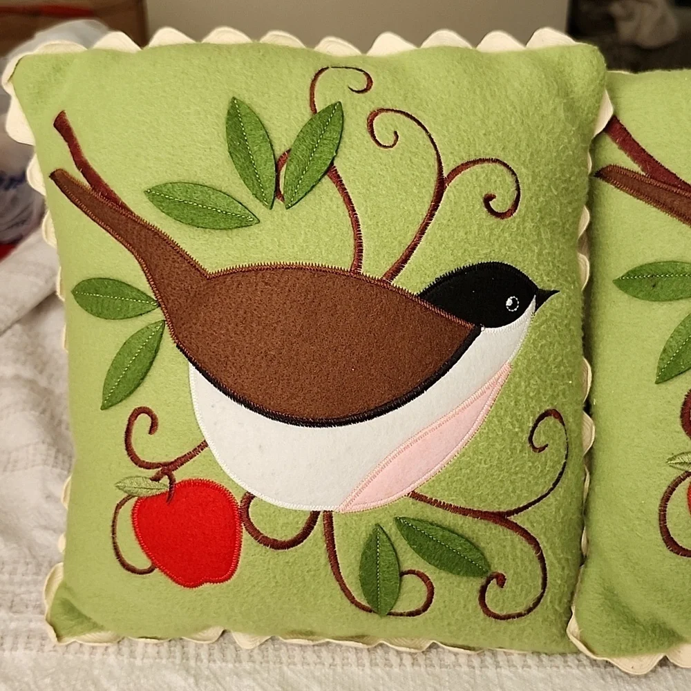 Handmade folk art birds on branch felt embroidered on decorative pillows earthy